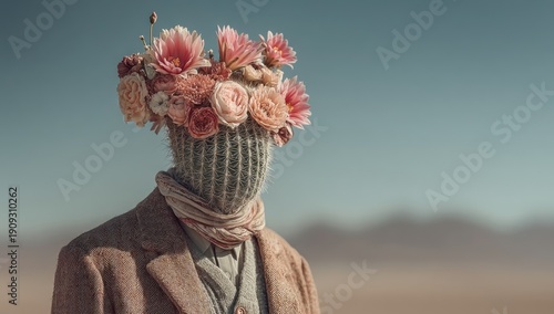 Surreal portrait of cactus headed figure with blooming pink flowers in desert landscape Generative AI