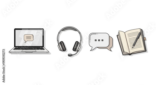 Laptop, Headphones, Chat Bubbles, Notebook Icons: Remote Work, Communication, Online Learning
