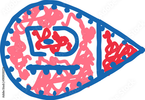 Abstract teardrop shape featuring a bold blue outline filled with dynamic pink scribbles and small blue dots, creating a vibrant doodle artwork ideal for backgrounds and creative projects