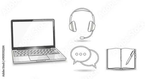 Laptop, Headphones, Chat Bubbles, Notebook & Pen: Remote Work & Communication Icons
