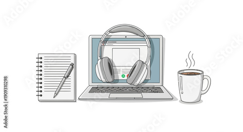 Laptop, Headphones, Notebook, Pen, Coffee Cup: Remote Work & Study Setup