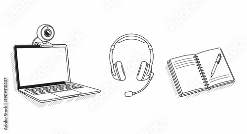 Laptop, Webcam, Headphones, Notebook & Pen - Remote Work & Study Essentials