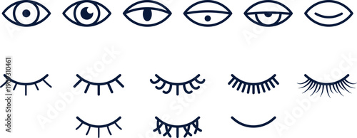Human Eye States and Eyelashes Line Icons Set, Including Open, Closed, Winking, Sleeping, and Different Styles of Lash Extensions, Simple Flat Vector Illustration