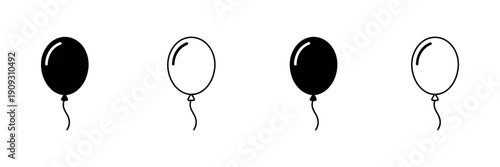 Festive Balloon Icon Collection featuring a variety of party balloon shapes and birthday decorations in both colorful flat styles and sleek black silhouettes