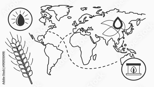 Global Biofuel Production Process Illustrated on World Map.