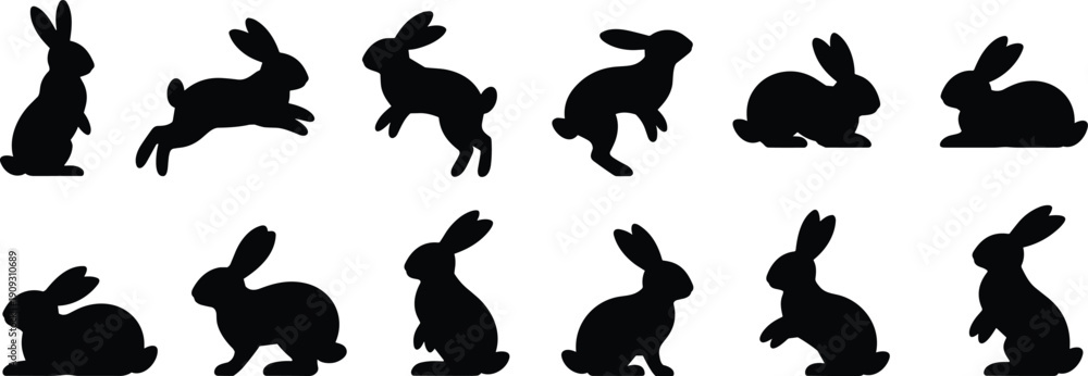 Fototapeta premium Large Collection of Rabbit and Bunny Silhouettes in Various Poses Including Jumping Sitting and Standing for Easter Holidays Nature Wildlife and Creative Graphic Design Projects