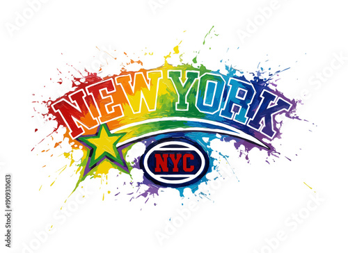 Colorful hand drawn new york city typography with shooting star. Funky retro new york badge for t-shirt print and souvenirs. Style NYC graffiti lettering. Glossy and vibrant sticker design. watercolor