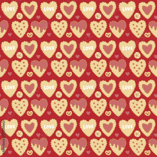 Valentine Heart Cookie Seamless Pattern with Love Text Cute Doodle Style Red