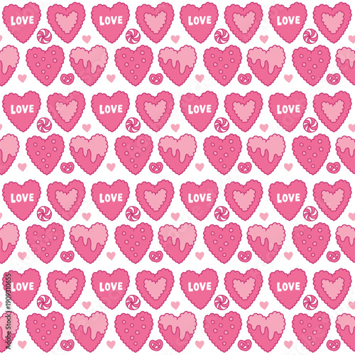 Valentine Heart Cookie Seamless Pattern with Love Text in Cute Doodle Style Pink