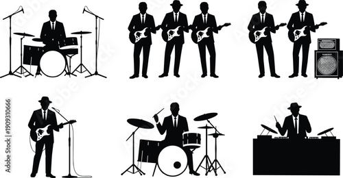 Musicians silhouettes illustration, drummers with drum sets, guitarists with electric guitars, DJ with mixing console, live band performance, music ensemble concept