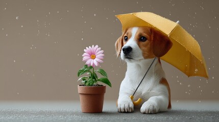 Dog with yellow umbrella protecting a pink flower in a pot during rain, featuring a soft background and ample copy space for text or graphics