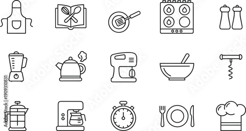 Kitchen and Cooking Outline Icons Set, Including Chef, Cookbook, Apron, Mixer, Stove, Utensils, Blender, Timer, and Culinary Equipment Vector Stock Illustration