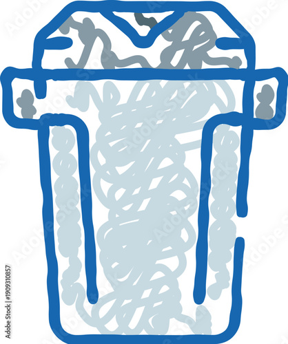 Trash can containing various waste items, symbolizing concepts like disposal, recycling, and environmental concerns, presented in a hand drawn doodle style