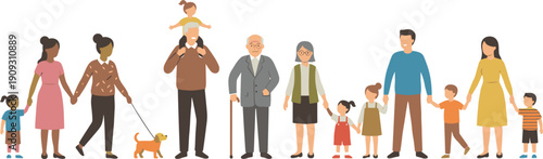 Large set of diverse people and families of different ages from children to seniors walking and holding hands flat vector illustration