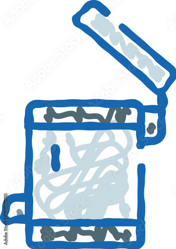 Open garbage bin with lid and handle, filled with waste items, symbolizing disposal, recycling and environmental management in a clean blue line art icon style