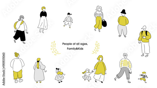 いろんな人々_カップル,男性,女性,キッズ,シニア,ファミリー｜ゴールド＆シルバー,グレー,ベクターイラスト｜People of all ages,vector illustration