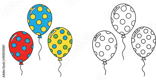 Set of Colorful Polka Dot Balloons and Black and White Line Art Coloring Page Illustration for Children Kids Birthday Party Celebration Event Decoration Graphic Resource