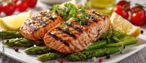 Grilled salmon with asparagus and lemon