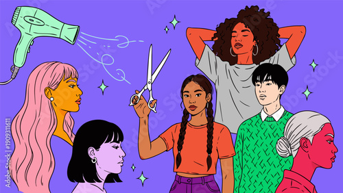 Dynamic vector illustration depicting a diverse group of people celebrating individuality through various hairstyles and self-care beauty concepts