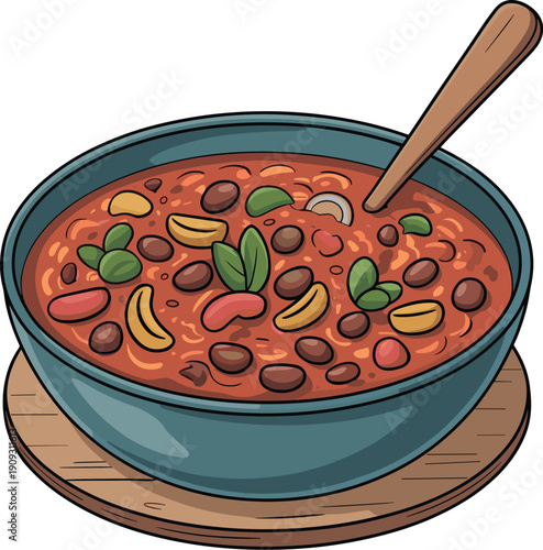 Hearty chili con carne in a bowl with spoon food vector on white background.