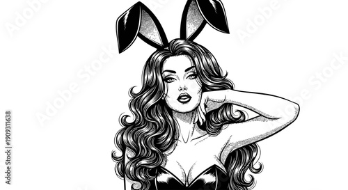 Woman wearing bunny ears and lingerie posing for a portrait illustration