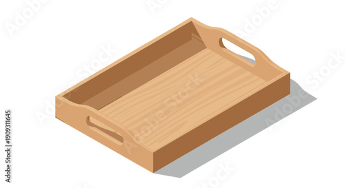 Empty wooden serving tray with handles shown from an isometric perspective against a plain white background with a soft directional shadow.