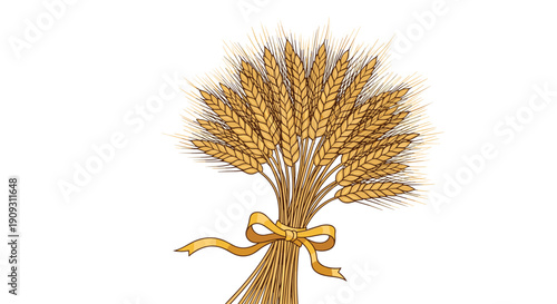 Large bundle of golden wheat stalks tied together with a yellow ribbon bow representing a bountiful harvest and traditional agriculture motifs.