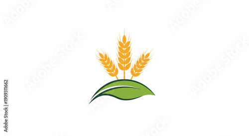 Three stalks of golden wheat growing out of a green leaf base symbolizing organic farming, natural food, and sustainable agriculture practices.