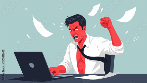 Vector illustration Angry red-faced office worker's stress meltdown at laptop. Papers flying. Intense workplace frustration and overwhelming pressure