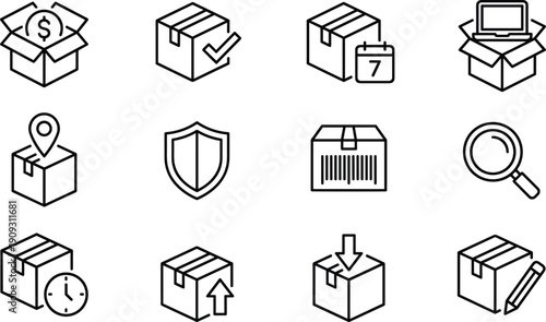 Logistics and Delivery Outline Icon Set: Shipping, E-commerce, Tracking, Packaging, Supply Chain Management, Inventory, Secure Order, Time-Sensitive Delivery, Modern Transportation