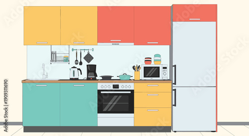 Modern kitchen setup with colorful cabinets in yellow, red, and teal featuring a built-in oven, microwave, and a large white refrigerator unit.