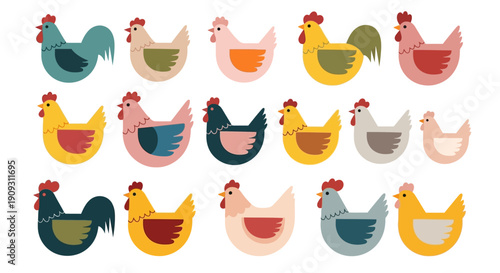 Collection of various colorful chicken illustrations displayed together on a solid background from a direct viewpoint