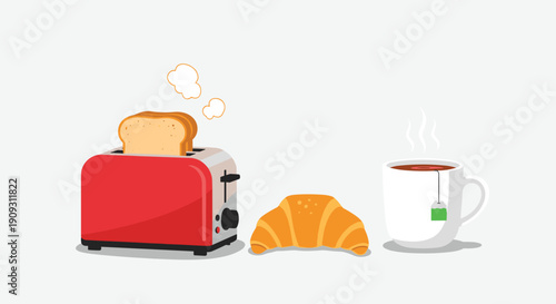 Simple breakfast scene featuring a red toaster with steaming bread, a fresh croissant, and a hot cup of tea.