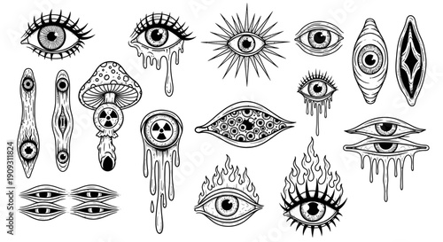 Collection of mystical eyes and surreal symbols in a digital illustration showcasing various abstract designs and mysterious elements.