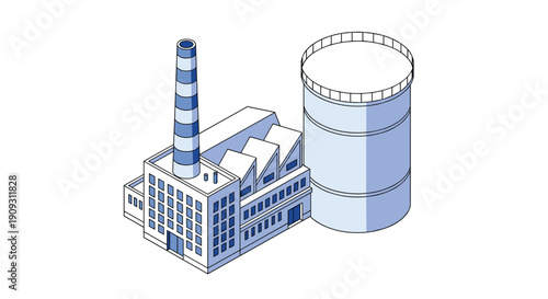 Isometric blue and white industrial factory building featuring a striped chimney and a massive circular cooling tower.