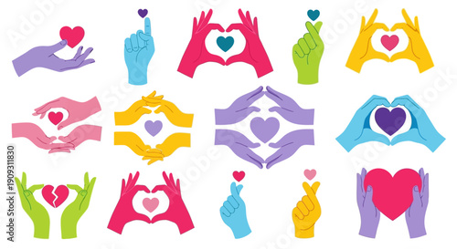 Various hands holding hearts in diverse colors symbolizing love and care in a graphic illustration