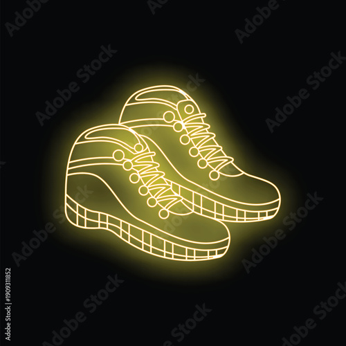 Neon sign of hiking boots glowing on a black background
