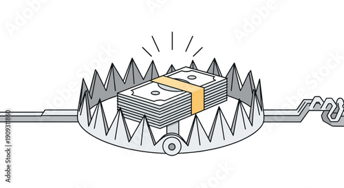 Conceptual illustration of a metal bear trap with a large stack of hundred dollar bills acting as dangerous bait.