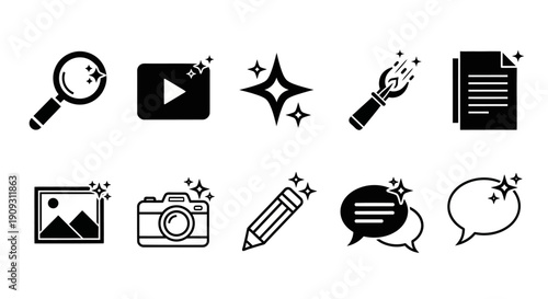 A collection of icons representing creativity and digital media, featuring a magnifying glass, video play, sparkle, pencil, and text, on a clean white background, viewed from directly above