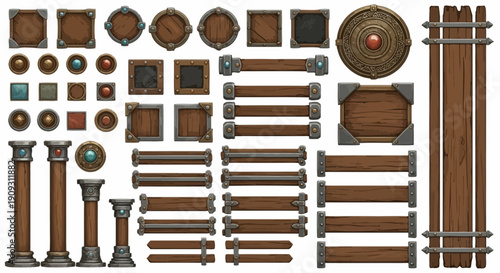 Illustration of ancient architectural elements including columns, railings, and decorative objects arranged in a grid layout from a frontal viewpoint.
