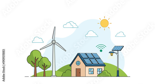 Modern eco friendly suburban house featuring solar panels on the roof, a wind turbine, and energy efficient smart lighting.