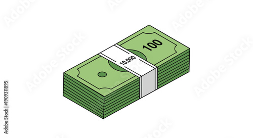 Isometric stack of green one hundred dollar bills bundled together with a white paper band showing ten thousand dollars.