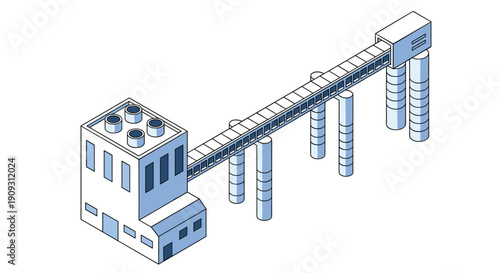 Isometric view of a white and blue industrial factory building with four chimneys and an elevated transport bridge.