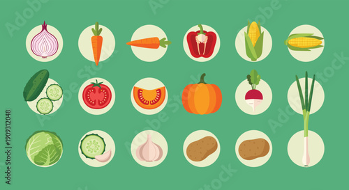 Colorful collection of various fresh vegetables including carrots, corn, pumpkins, peppers, and onions on a green base.