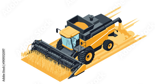 Powerful isometric combine harvester working in a golden wheat field during the autumn harvest season on a farm.