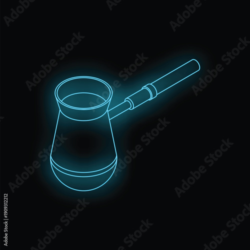 Neon blue contour of cezve coffee pot glowing on black background
