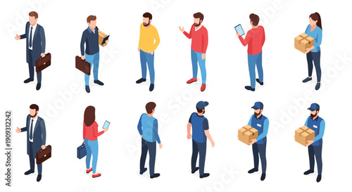 Diverse collection of twelve isometric people characters including business professionals, students, and delivery couriers with parcels.
