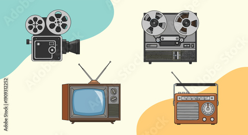 Collection of vintage media equipment including an old movie camera, reel-to-reel tape recorder, television, and radio on a colorful background.