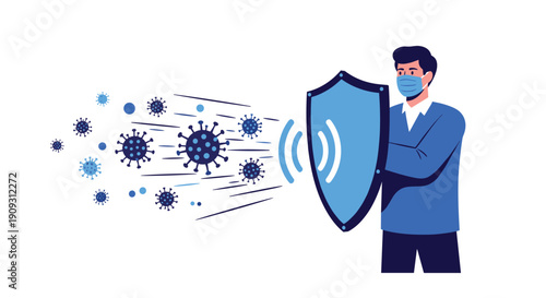 Man wearing a protective medical face mask holding a large blue shield to deflect incoming virus particles representing immunity and health.