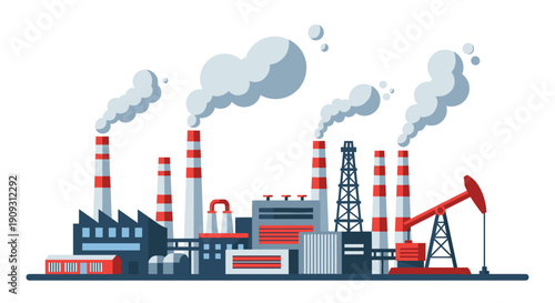 Industrial factory complex with multiple chimneys emitting white smoke and a red oil pump jack symbolizing heavy industry and energy production.